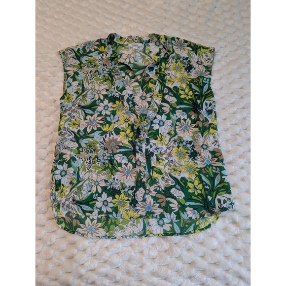 Bar III Floral Print Sleeveless Blouse V-Neck Green Yellow Top Size L - Picture 1 of 7